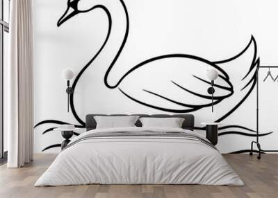 Elegant Swan Silhouette on Tranquil Lake Line Art Vector Wall mural