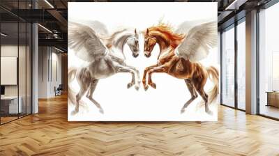 Two winged horses on white background, one white and one brown, rear on their hind legs label design  