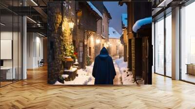 A back vew of a mage man walking in a cobbeled str (1).jpg Wall mural