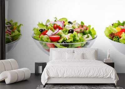 A set of three Yummy salad bowls isolated on a transparent background Wall mural