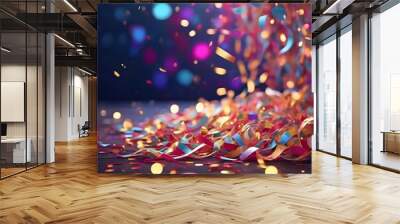 Confetti and streamers on bokeh lights background Wall mural