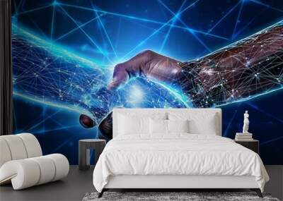 Two hands shaking in a futuristic digital style. Each hand is formed by interconnected nodes and lines, representing technology or a virtual connection Ai Generated Image Wall mural