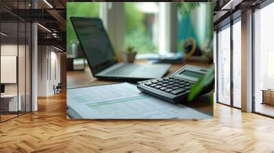 Calculator and documents on a desk, depicting financial planning Wall mural