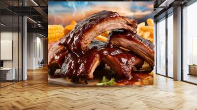 Barbecue Ribs captured in a tantalizing food photography style Wall mural