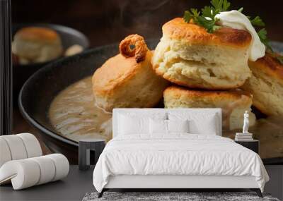 Biscuits and Gravy captured in a tantalizing food photography style Wall mural