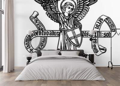 Saint Michael defeating Satan Line Art Wall mural