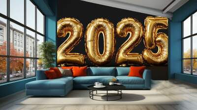 On a dark background, colorful party balloons text 2025 and streamers celebrate the new year. Ideal for celebrations, party decorations, and festive designs. Wall mural