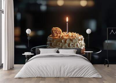 simple mocha cake for birthday one candle with waffle and honey Wall mural