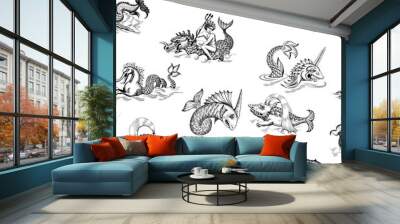 Mythological vintage sea monster. Monochrome Hand drawn sketch. Vector seamless pattern for boy. Detail of the old geographical maps of sea. Wall mural