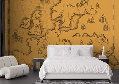 Old caravelle, vintage sailboat, sea monster. Detail of fantasy geographical maps Wall mural