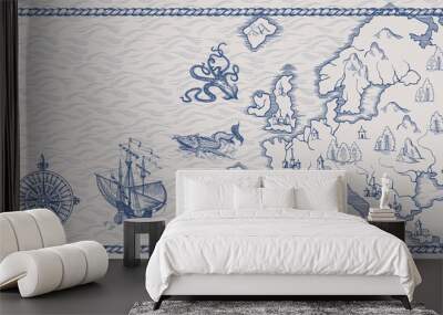 Old caravelle, vintage sailboat, sea monster. Detail of fantasy geographical maps Wall mural