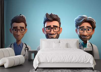 3D Doctor Avatars, Male and Female Hospital Smiling Staff Showcase Friendly Professional team. Medical Team Characters from Nurse to Cardiologist, pharmacist. Emergency help therapist Wall mural