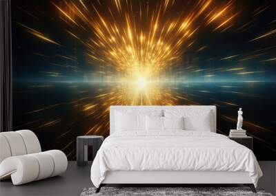 Gold speed line lights. Cyber abstract background with laser beam running through cyberspace. Wall mural