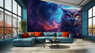 Majestic and wisdom owl on cosmic background with space, stars, nebulae, vibrant colors, flames; digital art in fantasy style, featuring astronomy elements, celestial themes, interstellar ambiance Wall mural