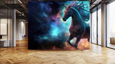 Majestic horse gallops through cosmos, mane flowing with ethereal colors, stars and nebulae in background, embodying celestial spirit, fantasy, vibrant. Wall mural