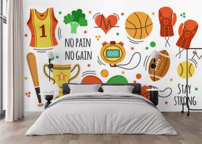 Sport vector icon set. Gym equipment for training, fitness, exercise. Rugby and basketball balls, ping pong paddles, stopwatch, baseball bat, boxing gloves. Running jersey, victory cup. Hand drawn art Wall mural