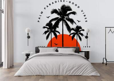 California sunset logo badge on white background graphics for t-shirts and other print production. Palm tree silhouette concept. Vector illustration. Flat style design Wall mural