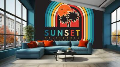 Retro vintage California sunset logo badges on black background graphics for t-shirts and other print production. 70s-style concept. Vector illustration for design. Wall mural