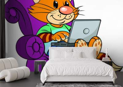 Color vector illustration of a Cartoon Red 
smiling cat Sitting on Armchair with Laptop on His Legs  Wall mural