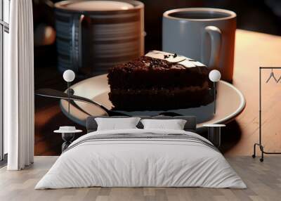 A piece of chocolate cake and two cups of coffee on a wooden table Wall mural