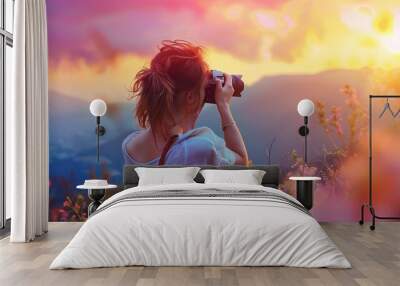 A woman with a camera on a beautiful background  Wall mural