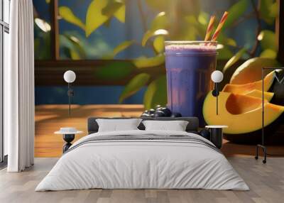 Blueberry smoothie and fresh fruits on wooden table in morning light Wall mural