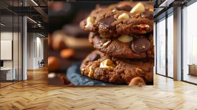 Delicious chocolate cookies with nuts on the table, closeup. Delicious snack Wall mural