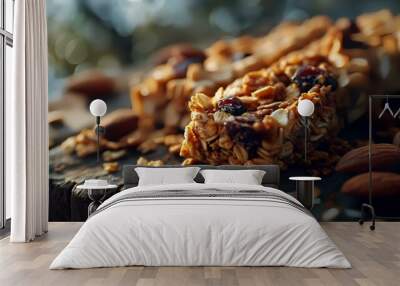 Homemade granola bars with nuts, raisins, and honey on a wooden background Wall mural