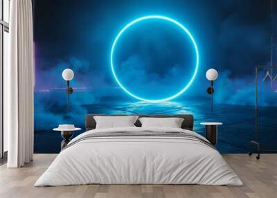 Neon circle on a dark background. 3d rendering mock-up Wall mural