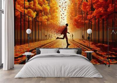 A Mysterious Figure Stepping into an Abstract Autumnal Dreamscape, Blending the Boundaries Between Reality and Fantasy Wall mural