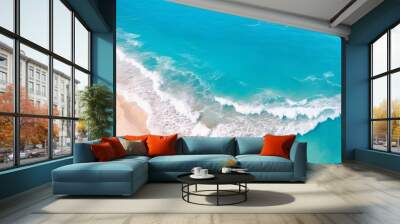 Ocean waves on the beach as a background. Beautiful natural summer vacation holidays background. Aerial top down view of beach and sea with blue water waves with Generative Ai Technology. Wall mural