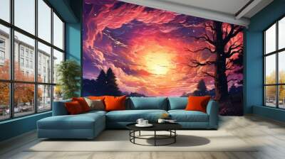 Illustration painting of love riding on bicycle against night sky with colorful clouds, Wall mural