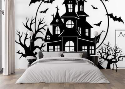 Halloween Haunted house silhouette, scene of ghost mansion. Vector illustration Wall mural