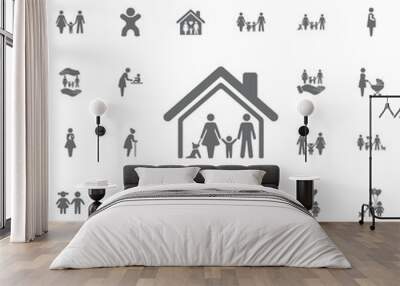 traditional family mom dad boy girl and dog safe at home in their house. Set of family icons Wall mural