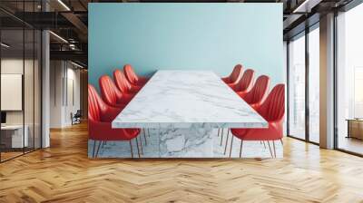 Chic urban apartment dining area with white marble table and red chairs, light blue walls, 3D rendering. Wall mural