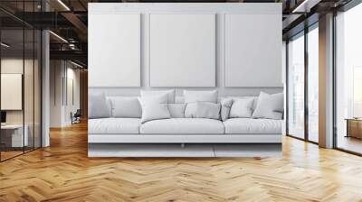 Stylish gallery with three blank almond canvases and white sofa, 3D rendering. Wall mural