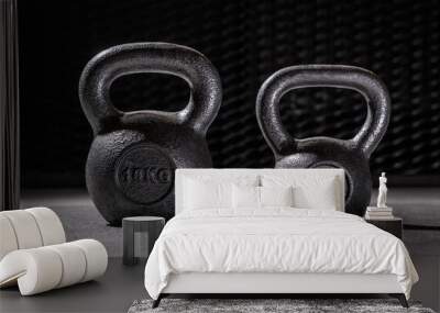 Two dumbbels with steel background in sportclub, 16kg and 8 kilograms Wall mural