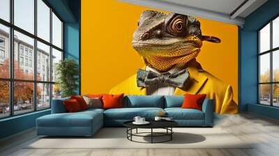 Clever chameleon wearing a yellow bowtie and blending into a yellow background on yellow. Wall mural