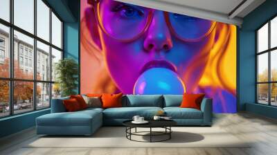  --A girl wearing glasses blowing blue bubble gum, with a purple background and orange and yellow lighting. The shot is from a low angle and is high resolution photography with insanely detailed and f Wall mural