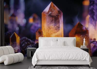 A closeup of an amethyst crystal in the center, surrounded by other crystals emitting soft orange and purple light. The background is dark with rock formations, creating a mysterious atmosphere. Wall mural