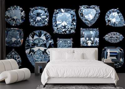 A collection of different cut shaped diamonds, including oval shaped and marquise shaped diamonds, as well as heart shaped diamonds and emerald cut cushion shaped diamonds, in white gold on a black ba Wall mural