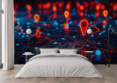 A digital map with location pins glowing brightly against the dark background, symbolizing city technology and online self Ludmilla Guseva style. A red pin on an urban grid pattern stands out in sharp Wall mural