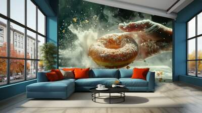 A hand is breaking the doughnut, slow motion, movie stills, creative photography,  Wall mural