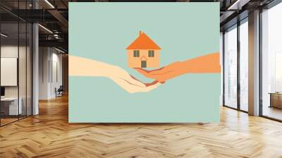 Minimalist illustration of two hands holding each other with one hand having an orange house in it, on light blue background, Wall mural