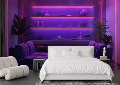 Neon interior living room background. Glowing 3d purple cyber synthwave apartment with blank sofas and laser red shelves for comfortable relaxation and entertainment Wall mural