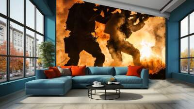 Silhouettes of two army soldiers, U.S. marines team in action, surrounded fire and smoke, shooting with assault rifle and machine gun, attacking enemy with suppressive gunfire during offensive mission Wall mural