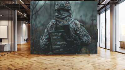 The fighter of the special unit turned and threateningly looks at the enemy. Back view Wall mural