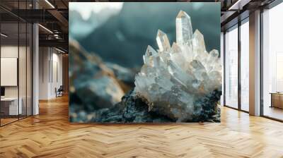 A clear quartz crystal cluster in a mountain landscape. Wall mural