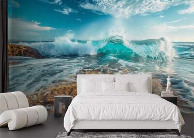 A crystal-clear ocean wave rolling onto a rocky shore. Wall mural