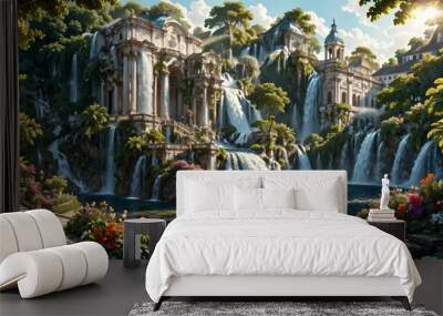 A beautiful paradise building land full of flowers, rivers and waterfalls, a blooming and magical idyllic Eden garden. Mountain ancient baroque architecture. Wall mural